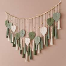 1 szt. Makrama ścienna, dekoracja ścienna w stylu boho z drewnianymi koralikami, frędzlami, liśćmi, gobelin w tle weselnym, tkany koc ścienny z frędzlami do wnętrz, tło zasłon