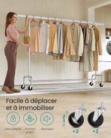 SONGMICS Portant à Vêtements avec Roulettes, Capacité de Charge 130 kg, 45 x (110-150) x 162,9 cm, Porte-manteau, en Métal, Chromé, Argent