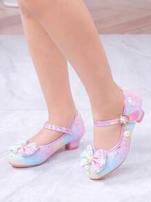 Girl's Rainbow Princess High Heels Shoes, Children's Crystal Leather Shoes For Spring And Autumn
