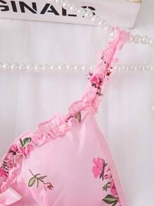 2 Pieces Sexy Lingerie Sleepwear Set - Complete 2 Pieces Set With Matching Thong, Delicate Ruffle Hem, Vibrant Floral Print - Pink - View 4