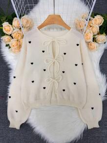 [Tops] French Style Tie-Neck Allover Heart Print Bowknot Twist Cardigan Sweater For Women, Unique Heart Patchwork Knit Top - Apricot - View 1