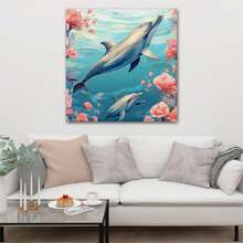 1 Piece Home Decor Wall Framed Canvas Sea Dolphin Pattern Home Decor Framed Canvas Wall Art Paintings For Living Room - Canvas Framed Print Wall Artworks Bedroom Decoration Office Wall Decor