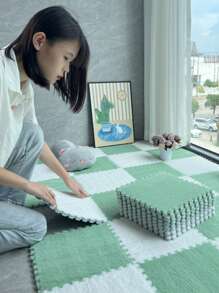 12pcs/Set (6 Mint Green + 6 White) Plush Patchwork Floor Mat, 12*12*0.39 Inches Small Size Carpet, Peel & Stick Rug, Bedroom Decor, Home Decorative Rug, Bedroom Rug, Decorative Carpet, Bedroom Carpet, Room Carpet, Living Room Carpet Set, Game Room Mat, EVA Bottom & Linen Top Rectangular Trimmable & Washable, Suitable For Daily Home Scenarios