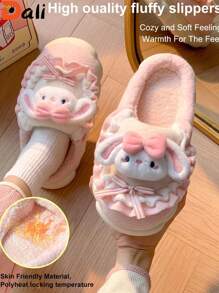 Cute Plush Bow Slippers For Women, Warm Indoor Home Slippers, Pink Flat Shoes, House Slippers, Winter Shoes, For Women, Halloween & Christmas Slippers Valentines