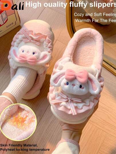Cute Plush Bow Slippers For Women, Warm Indoor Home Slippers, Pink Flat Shoes, House Slippers, Winter Shoes, For Women, Halloween & Christmas Slippers Valentines