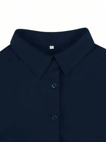 大码女式黑色褶皱 Polo 领休闲衬衫 春季 - 藏蓝色 - 查看 4