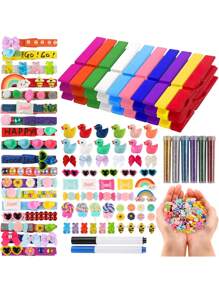 80Pcs Cheer Pins Spirit Clips Clothes Wooden Cheer Pins For Backpacks Include 90Pcs Mini Resin Ducks Mini Bows Cheer Clothespins Decorations Ribbon Team Classroom Cheer Gifts Bulk(Colorful Wood)