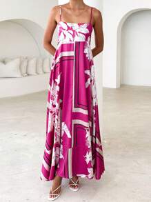 Women's Long Cami Dress Stripe/Dot Print Spaghetti Strap Backless A-Line Flowy Dress - 玫紅色 - 查看 4
