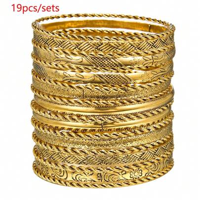 RINTOLER 19pcs Vintage Style Geometric Flower Braided Bangle Set, Antique Gold-Color Alloy Closed Bangle, Diameter 6.8cm (Please Confirm The Product Size Is Suitable Before Purchasing.) (The Black Color Is The Intended Design, Not Dirt.)