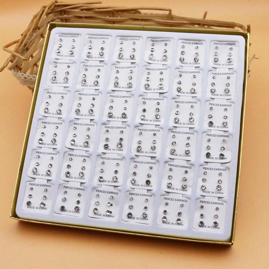 108对女士简约白色水晶塑料耳钉套装 - 白色 - 查看 1