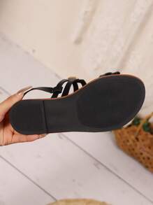 女士春夏新款方形扣装饰时尚平底凉鞋，女士沙滩凉鞋 - 黑色 - 查看 6