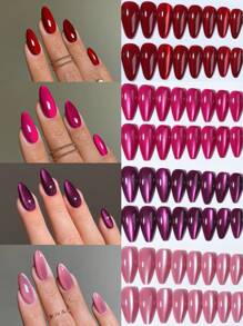 98片（4种混合款式）Y2K长杏仁形亮面美学血红色水晶猫眼亚克力按压式美甲贴纸，短杏仁形美甲设计，完美贴合假指甲套装，包含：1瓶果冻胶和1把指甲锉，红色、粉色、紫色猫眼美甲贴纸，适合女性和女孩日常佩戴，也适合锐舞派对美甲用品。 - 彩色 - 查看 9