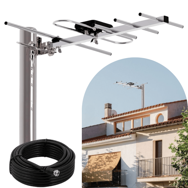 Antena para TV Exterior aérea HDTV de Largo Alcance, Alcance Amplificador de señal Inteligente, 12 Elementos, Alta definición, Cable coaxial, Alta Cobertura (fácil de Instalar).