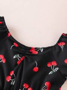 Girls Cherry Print Square Neck Puff Sleeve A Line Dress For Summer - Black - View 3