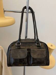 1pc Vintage Minimalist Zipper Tote Bag, Decorated With Pockets, Dual Handles, Suitable For Women's Casual Daily And Commute Use - Black - View 2