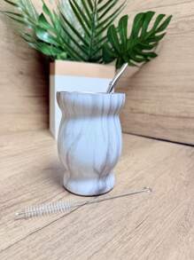 8oz,Double-Walled Stainless Steel Yerba Mate Cup, Tea Cup Set Include Insulated Yerba Mate Cup, Mate Straw Spoon & Cleaning Brush, Double-Walled And Hot & Cold Drink, For Mate Tea, Coffee, Easy To Clean ),(Wood/Marble/Silver/Black/White/Pink/Red),Gifts For Men And Women.