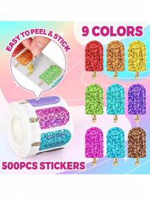 (500 Stück/Rolle) Sommer Laser Eis-Lutscher Wasserfeste Aufkleber, 9 glänzende Farben, selbstklebende Dekoraufkleber für Umschläge, Tagebücher, Party-Zubehör, Geschenkverpackung
