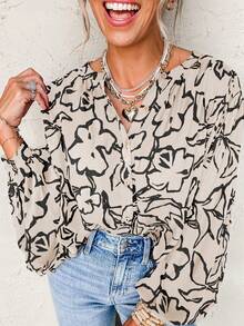 Acelitt Blusa holgada con botones, mangas de murciélago y estampado floral de albaricoque - Albaricoque - Ver 3