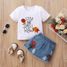 2PCS Toddler Newborn Kids Girls Letters Print Tops Pockets Denim Ripped Jeans Skirts Dress Infant Party Outfits Kids Clothes Set - White - View 1