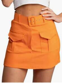 Falda Tipo Cargo con Cinturón en Gabardina. - Naranja - Ver 2