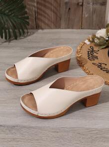 女士粗跟凉鞋，黑色，夏季新款露趾拖鞋，金色女士厚底系带休闲坡跟凉鞋 - 米色 - 查看 6