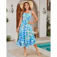 Women's 2025 Summer Floral Boho Dress Square Neck Strapped Swing A Line Sundress Beach Long Maxi Outfits