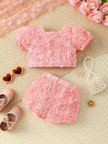 Bộ 2 món áo thun tay ngắn cổ vuông họa tiết hoa hồng 3D cho bé gái và quần short - Nhiều màu - Xem 2