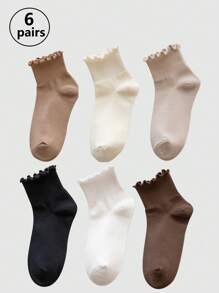 1/3/6 Pairs Women Ruffle Trim Socks, Thin Solid Color Mid-Calf Socks, Breathable Moisture-Wicking, Spring/Summer