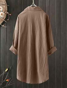 Women Cotton Linen Solid Shirt Dress Ladies Casual Loose Long Sleeve Lapel Button Down Tee Shirt Tops Blouse Beach Cover-Up Mini Dress - Brown - View 2