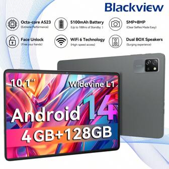 Blackview Tableta Android 14 A523 con 8 núcleos a 1.8Ghz/4GB RAM/128GB ROM/WiFi 6/BT 5.0/Pantalla HD de 10.1 pulgadas 1280*800/Batería de 5100mAh/USB-C/Cámara de 5MP+8MP Color Gris, ¡Impulso tecnológico de verano!
