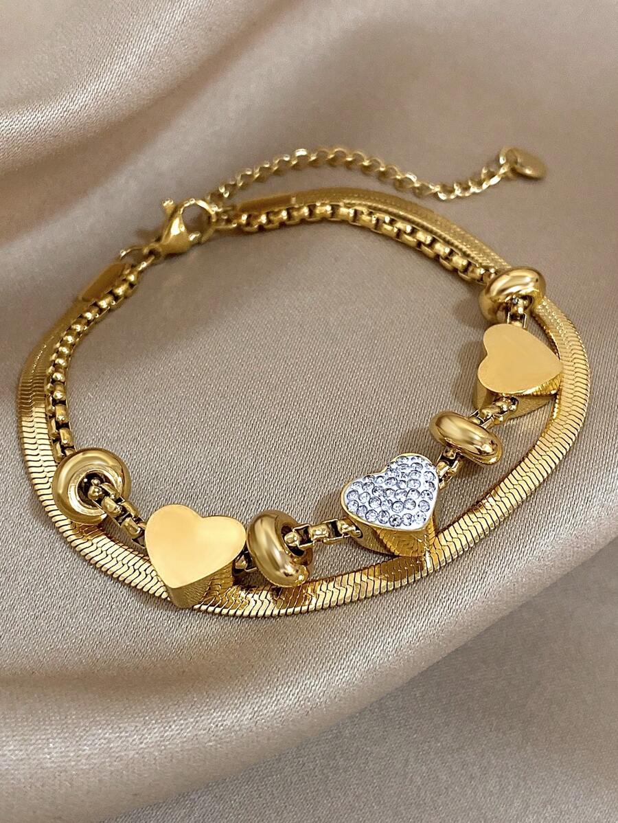 1 件夏季海滩不锈钢心形吊坠手链，适合女士女孩情侣，金色/银色防过敏不锈钢手链，海滩珠宝，浪漫珠宝，波西米亚风假日旅行派对礼物，情人节周年纪念礼物创意， - 彩色 - 查看 1