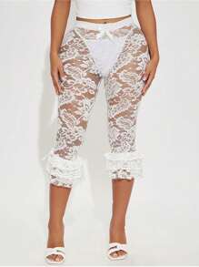 Women Cropped Lace Capri Pants Sexy See Through Lace Floral Leggings Shorts Slim Fit Bowtie Side Pedal Pushers Coquette Tight Bottoms - 白色 - 查看 1