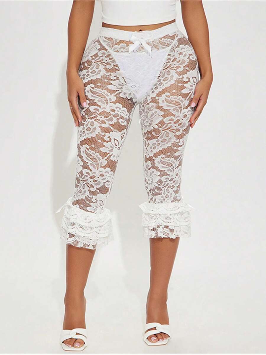 Women Cropped Lace Capri Pants Sexy See Through Lace Floral Leggings Shorts Slim Fit Bowtie Side Pedal Pushers Coquette Tight Bottoms - 白色 - 查看 1