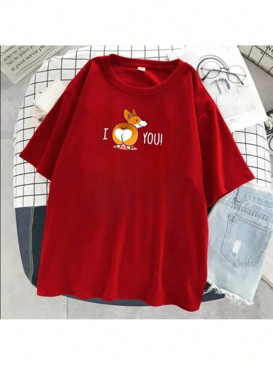 I Love You T-Shirt Cute Dog Shirt Blouse Unisex Men Women 100% Cotton Top Premium Streetwear New Release Various Colors!! Plus Size - 紅色 - 查看 1