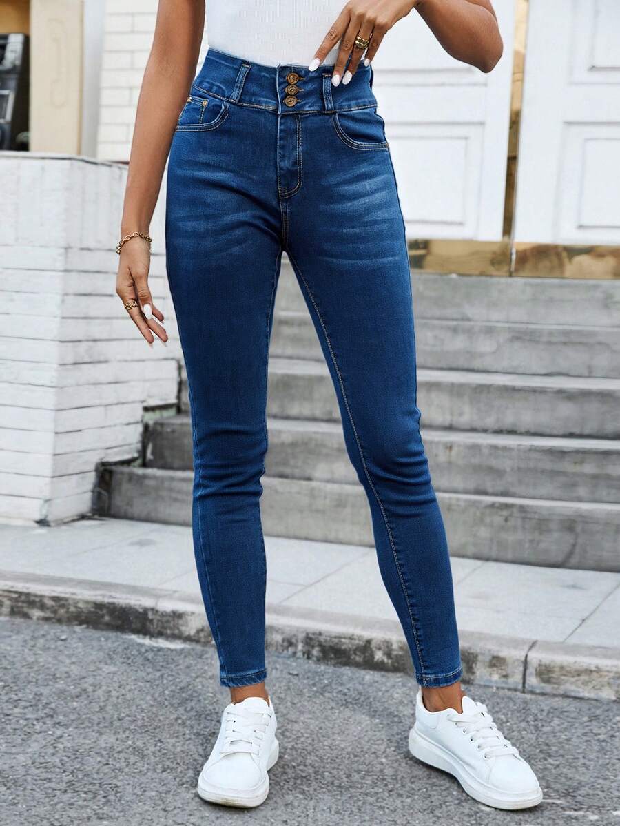 Jeans De Mezclilla Corte Colombiano Realza Tu Figura Talle Alto Estilo CasualSexyEleganteMezclilla para toda ocasion. - Azul lavado medio - Ver 1