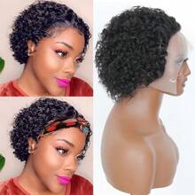 Pixie Cut Curly Human Hair Wigs Ginger 350 Short Curly Lace Front Human Hair Wigs For Women 6 Inch 13x1 Transparent Lace Frontal Wigs Water Wave Dark Rooted To Ginger Orange Color - Natural Black - 查看 7