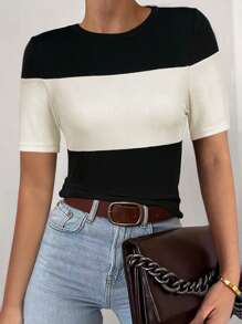 Women's New Spring And Summer Women's Round Neck Stitching Contrast Color Casual Fashion Short-Sleeved T-Shirt - Black and White - View 1