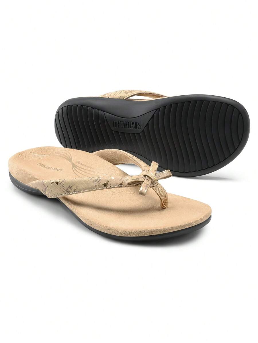 Women's Low Wedge Flip Flops Bow Knot Arch Support Orthopedic Thong Slides Sandals Comfortable Dress Walking Summer Vacation Sandals Shoes - 卡其色 - 查看 1