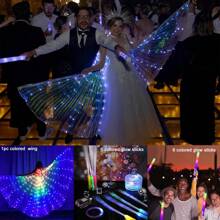 13pcs Wedding & Party Set (1pc LED Light-Up Wings, 6pcs Glow Sticks, 6pcs Fiber Optic Sticks) For Party Performance, Dancing, Stage Show, Suitable For Women, Music Festival Decoration, Christmas Party, Carnival, Stage, Performance Props - 彩色 - 查看 4