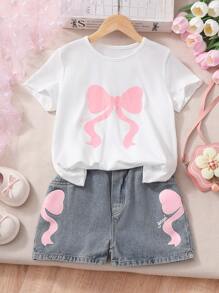 Set 2 buc. pentru fete preadolescente, tricou casual cu guler rotund și imprimeu solid și funde, pantaloni scurți din denim cu funde, vară - alb - Vizualizare 1
