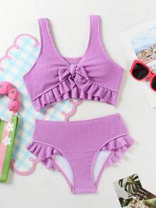 New Design Girls Children Swimwear, Special Material Split-Type Bow & Ruffle Purple Big Kid Swimming Suit - Purple - View 2