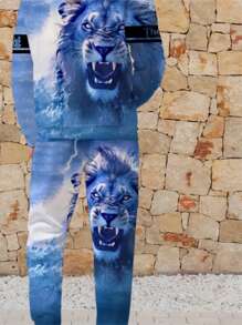 Lion Pattern Personalized Men's Street Fashion Hoodie Set - Blue - View 2