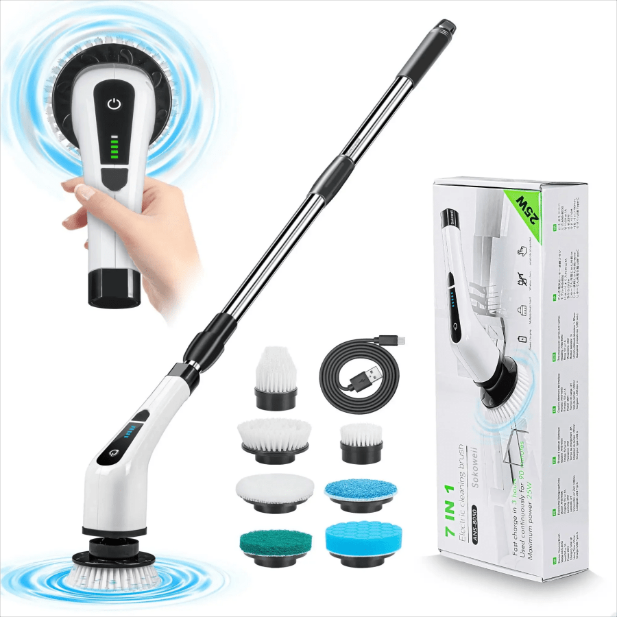 7-in-1-Turbo-Schrubberbürste für die elektrische Reinigung, kabellos, verstellbar, Fensterreinigungsbürste, Reinigungswerkzeuge für Badezimmer und Küche