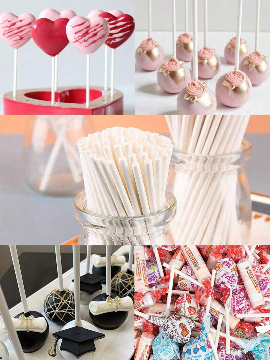 50/100/200 White Lollipop Sticks, 3.93-Inch Paper Stick Straws, Used For Cake Sticks, Cupcake Decorations, Candy Melting, Chocolate, Cookies, Desserts (Diameter 3mm), Wedding Party Gift Packaging - Multicolor - View 1