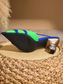 金属点缀封闭式鞋头高跟凉鞋，女士优雅交叉露跟高跟鞋，拼色法式鞋 - 藍綠色 - 查看 6