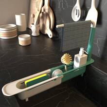 Organizador ajustable y telescópico para el fregadero con drenaje rápido y base antideslizante - Estantería de almacenamiento multifuncional para el fregadero de la cocina, encimera del baño, autocaravanas, cocina al aire libre y organización de espacios reducidos | Soporte expandible para esponjas