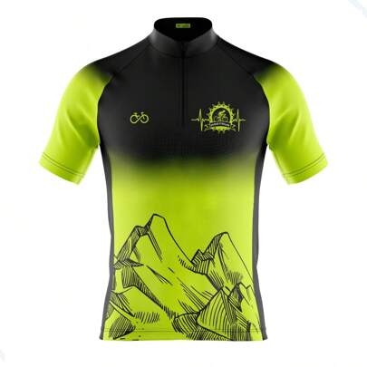 Camisa de Ciclismo Masculina Pro Tuor Montanhas Verde Limão com Bolsos, Proteção UV 50+