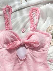 Costume da bagno intero da donna in stile romantico primaverile, in tessuto jacquard rosa, con spesse spalline e design con aperture sulla scollatura