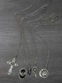 5pcs Y2K Vintage Gothic Punk Rock Bat Gem, Cross, Coffin, Arrow Through Heart, Red Heart, Star Pendant Necklaces Set, Stainless Steel Chain, Bohemian, INS Style