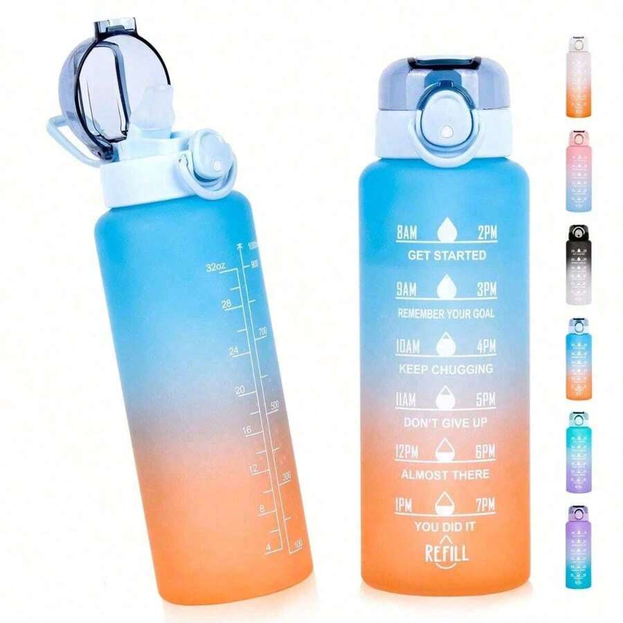 1PC 1L Large Capacity Straw Mug, Printed Time Stamped Water Bottle, Leak Proof Durable High Temperature Resistant Sports Mug, Suitable For Office, Outdoor Sports, Traveling And Tourism, Back-To-School Supplies, Gifts For People - Multicolor - View 1